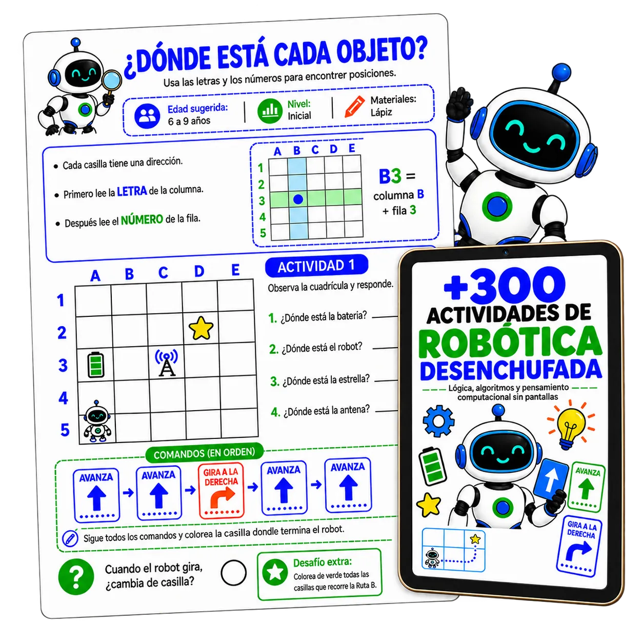 Libro +300 Actividades de Robótica Desenchufada con páginas de exemplo: laberintos, secuencias y desafíos lógicos